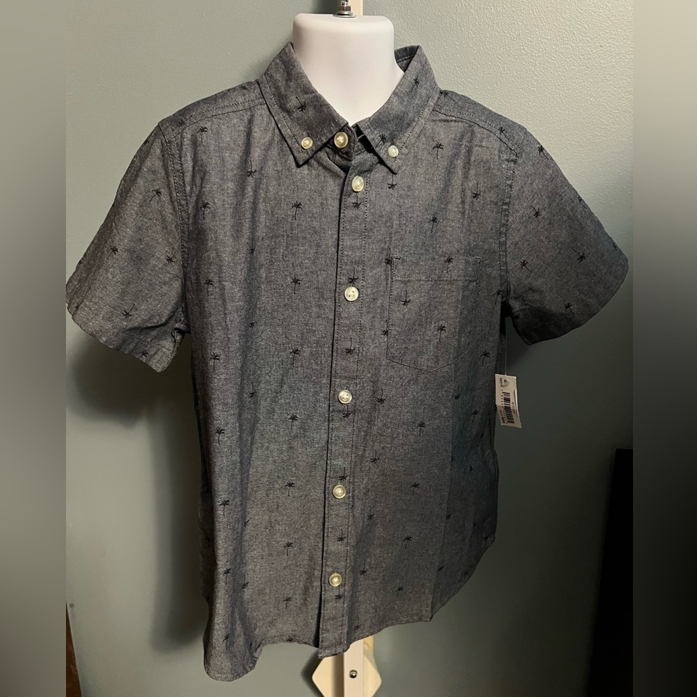 Amazon Essentials Boys Blue Palm Tree Button Down Short Sleeve Shirt